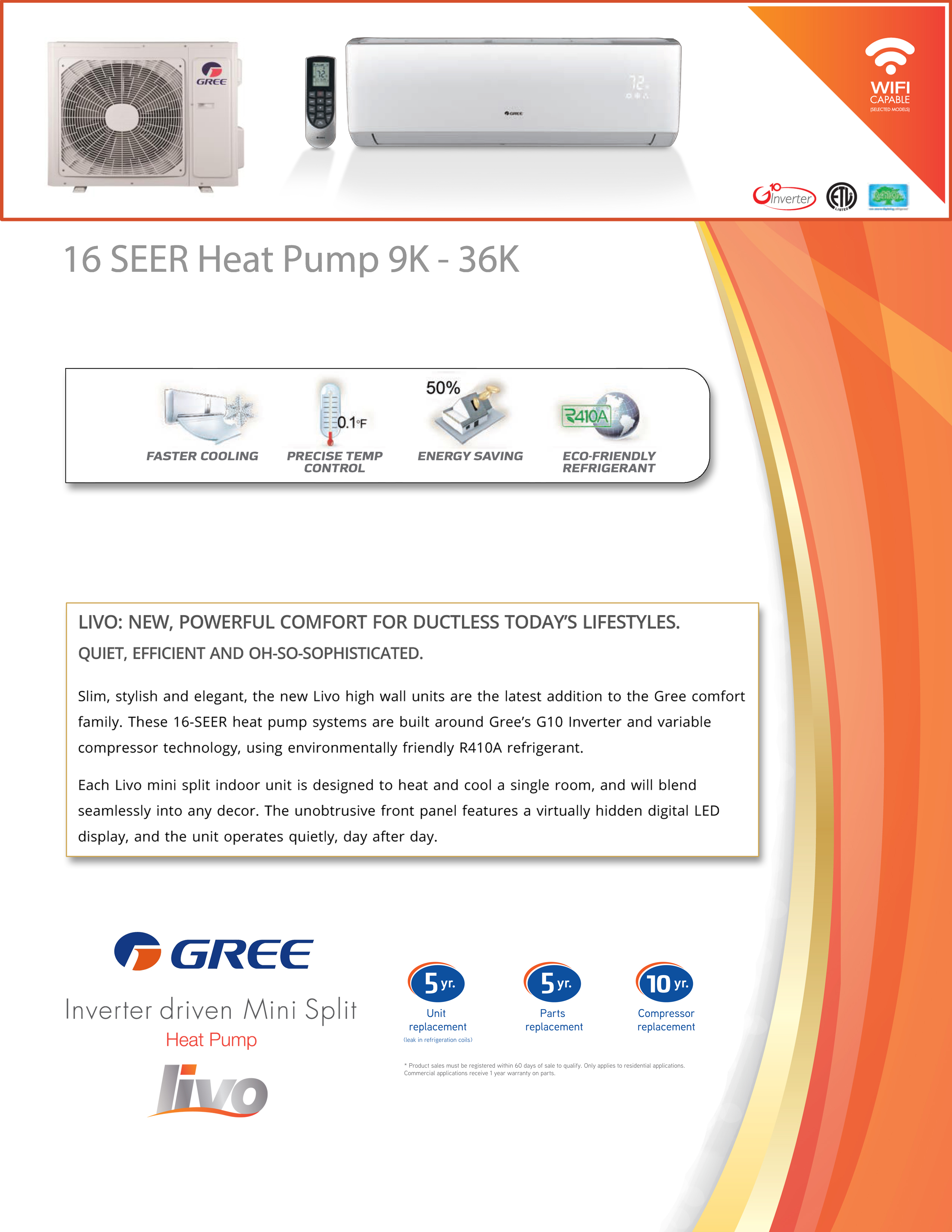 Mini Split 12,000 BTU GREE Livo 16 SEER Heat Pump 115V System LIVS12HP115V1BO, LIVS12HP115V1BH WIFI Capable